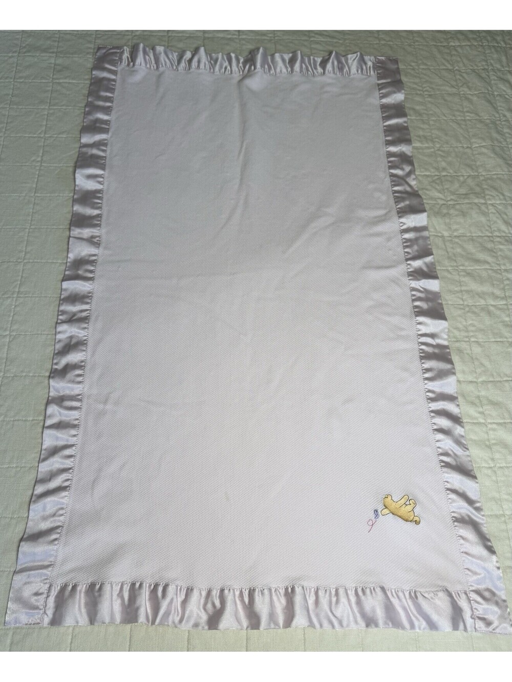 Vintage Classic Pooh Baby Blanket Pink Satin Trim Disney Winnie Pooh